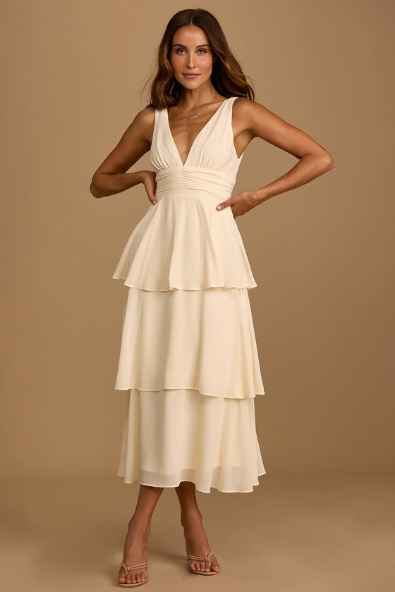 Cream V-Neck Dress - Tiered Midi Dress ...